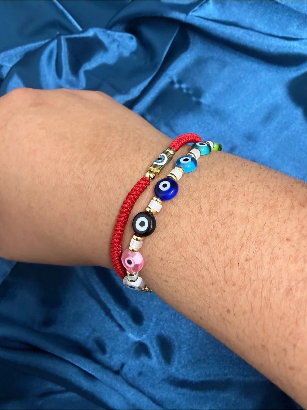 Kids Red Cord and Multicolor Beaded Evil Eye Bracelet Set
